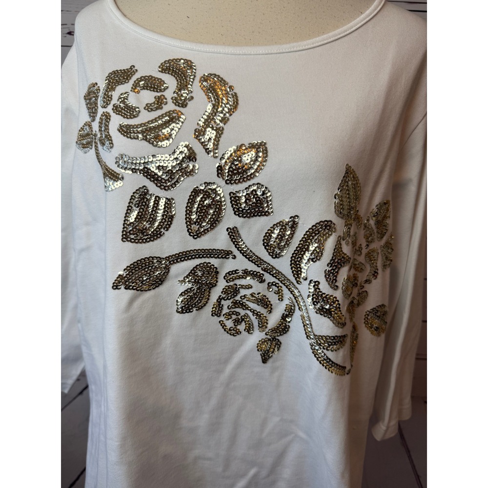 Quacker‎ Factory Knit Top Plus Size 1X Sequin Floral Rose NWT Pullover Shirt - Picture 11 of 13